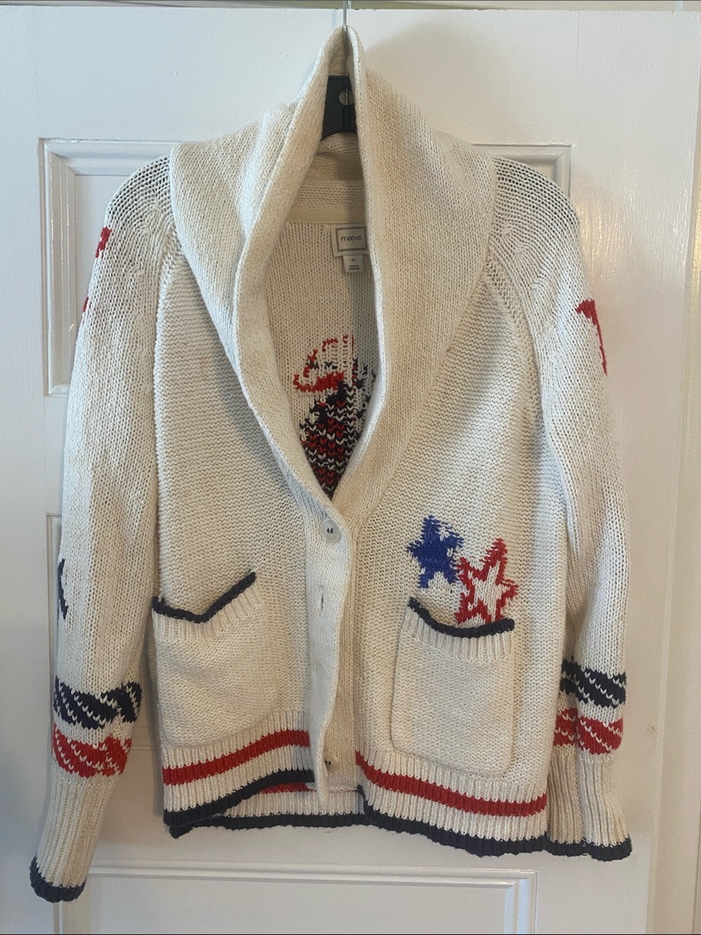 Maeve Cream Cardigan Sweater with Red and Navy Accent